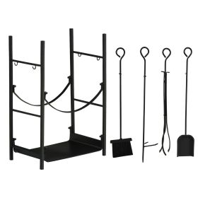 2-Tier Firewood Rack 18 with Shovel Broom Poker Tongs Hooks for Outdoor Indoor Fireplaces Black