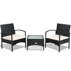 3 pcs Patio Wicker Rattan Furniture Set with White Cushion