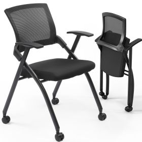 2 Pack Stackable Conference Room Chairs With Wheels, Folding Office Chair With Rebound Back, Padded Seat For Training Room, Guest, Reception, Eve (Option: BLACK)